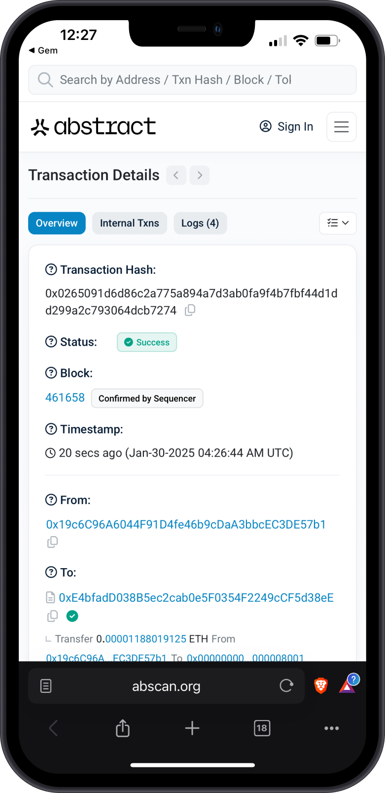 View Transaction on Abscan