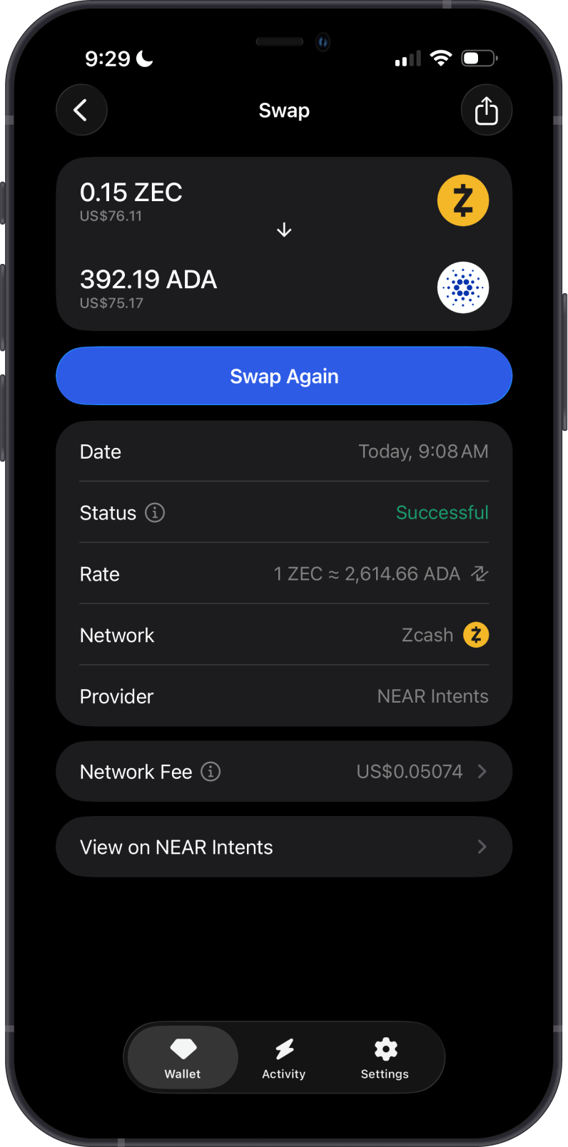 Completed Zcash to Cardano Swap