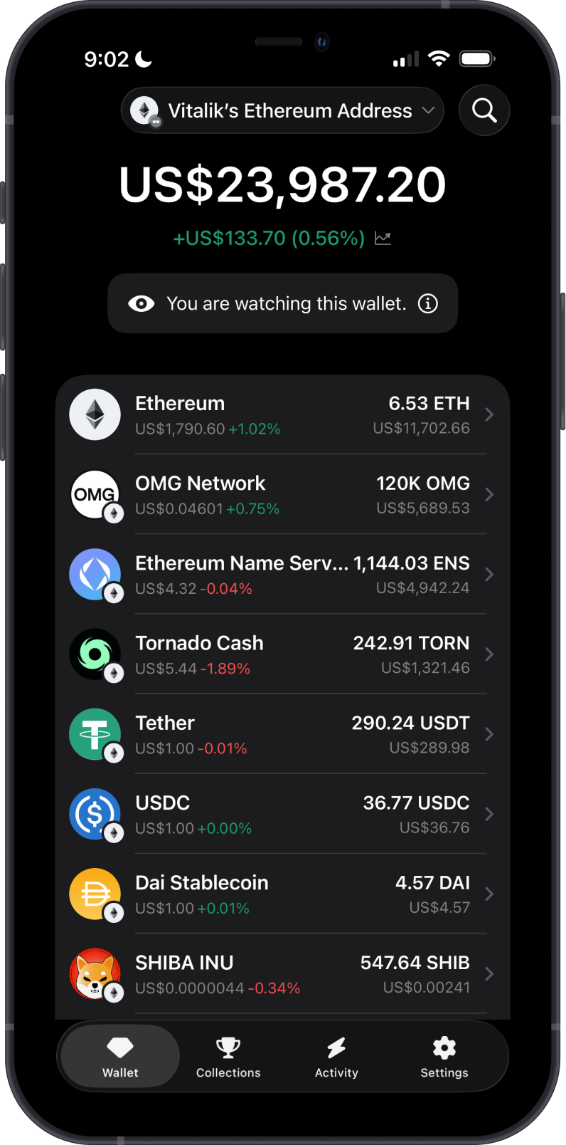 Ethereum Watch Wallet with enabled tokens