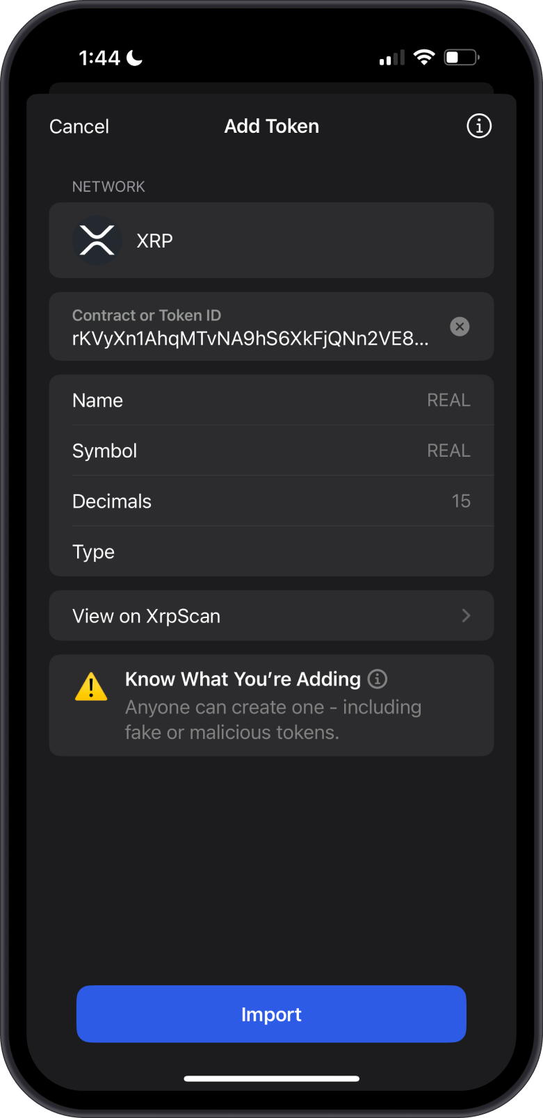 Add XRP Asset Warning