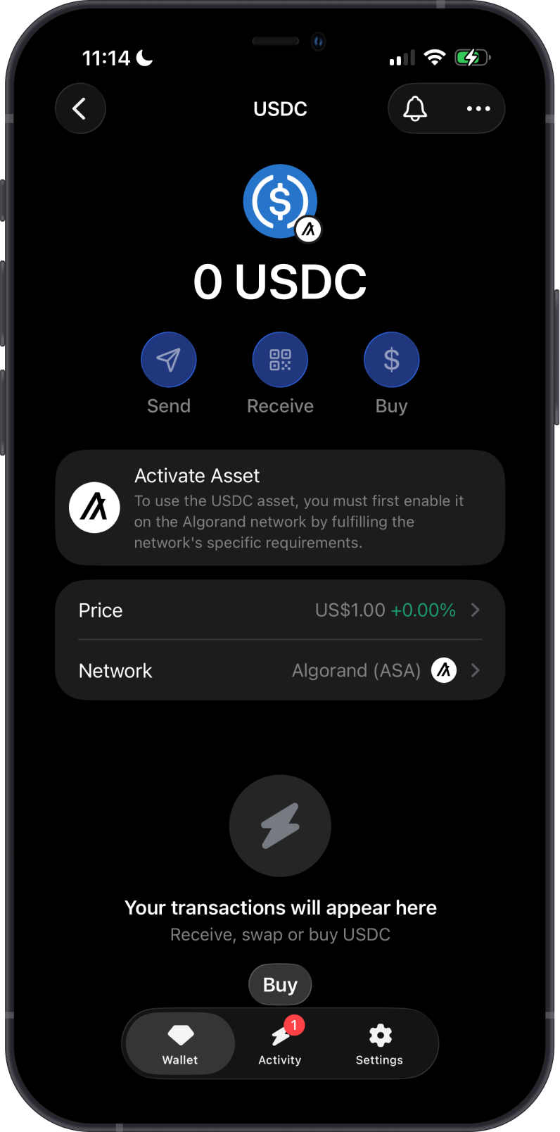 Activate a supported Algorand Standard Asset