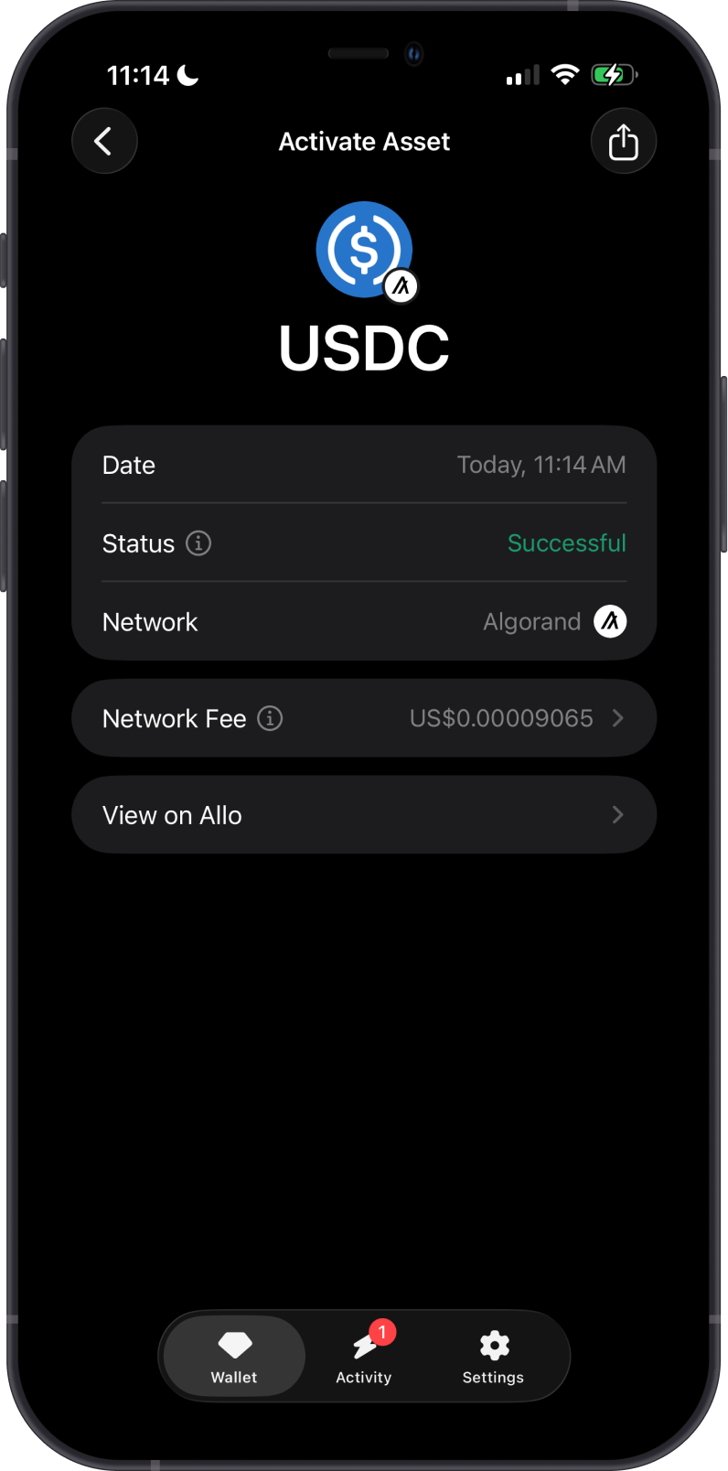 Successful Algorand Standard Asset activation