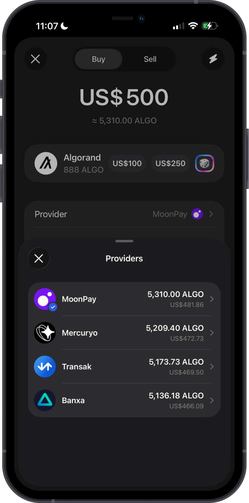 Buy ALGO with an available provider