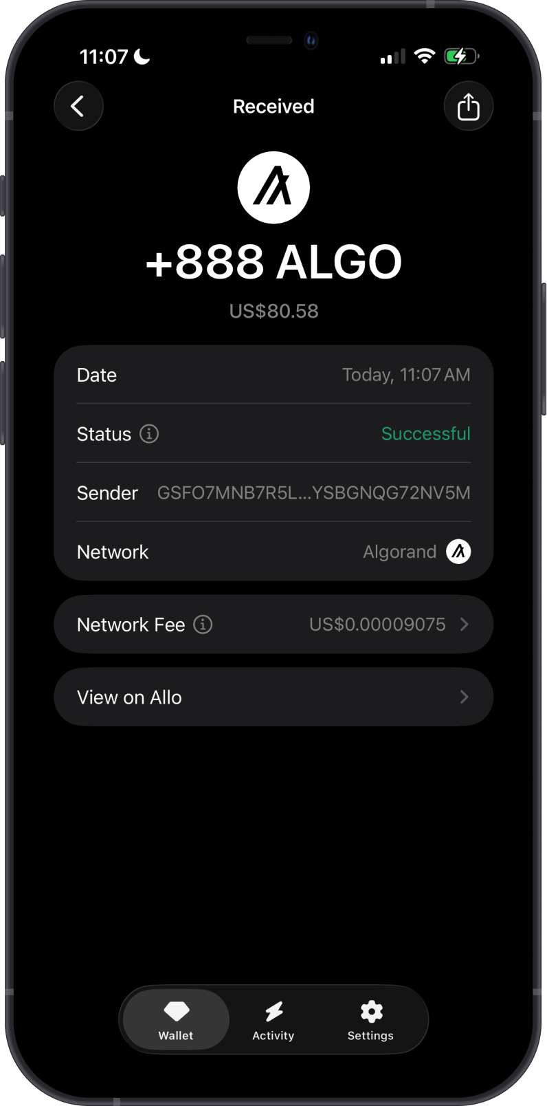 Received ALGO transaction