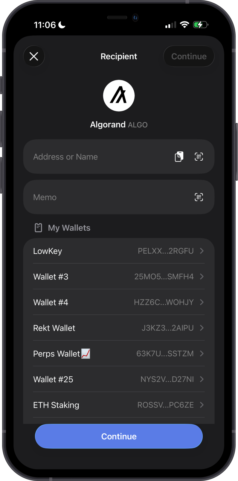 Enter an Algorand recipient and memo