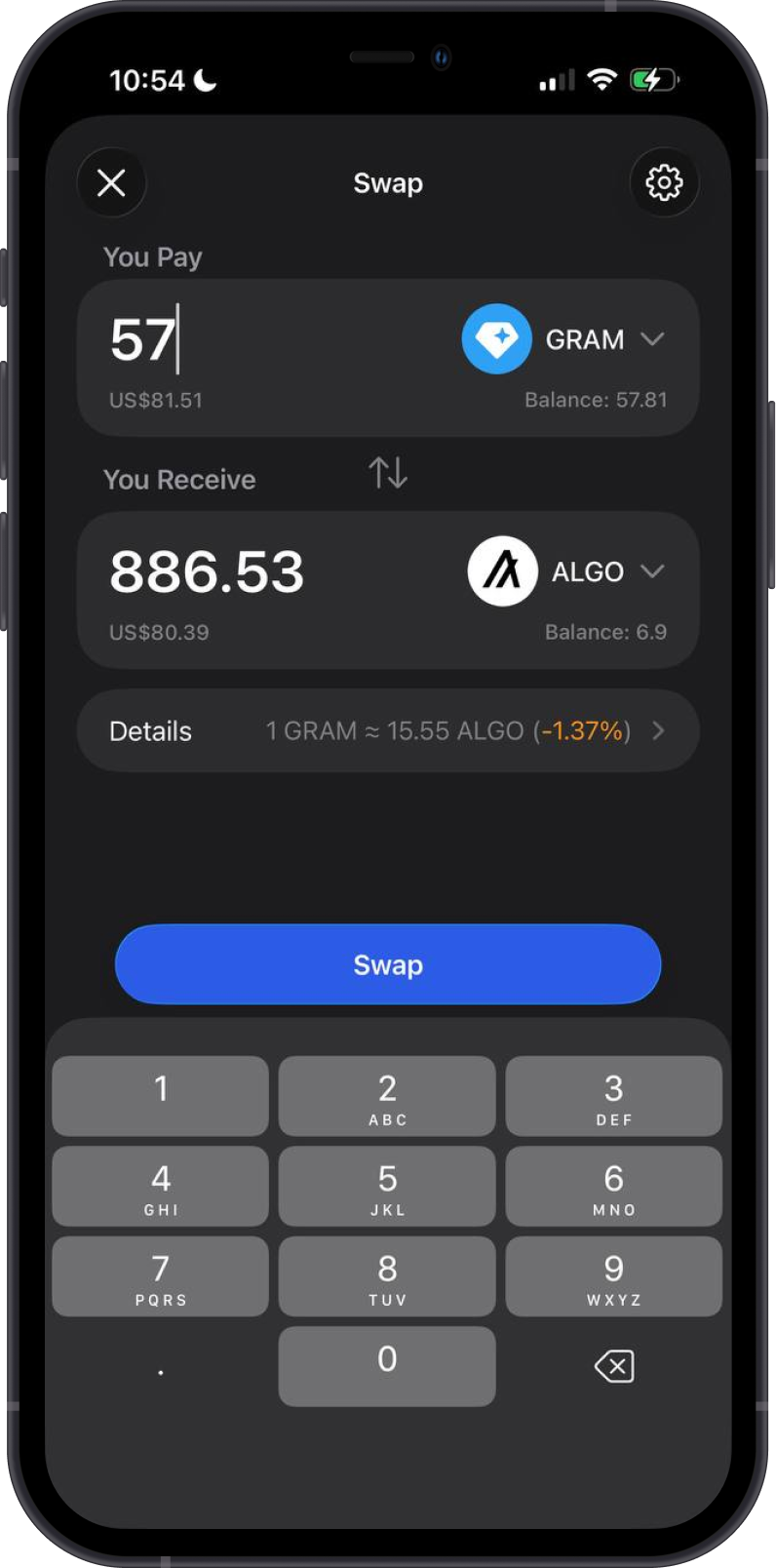 Cross-chain swap from GRAM to ALGO