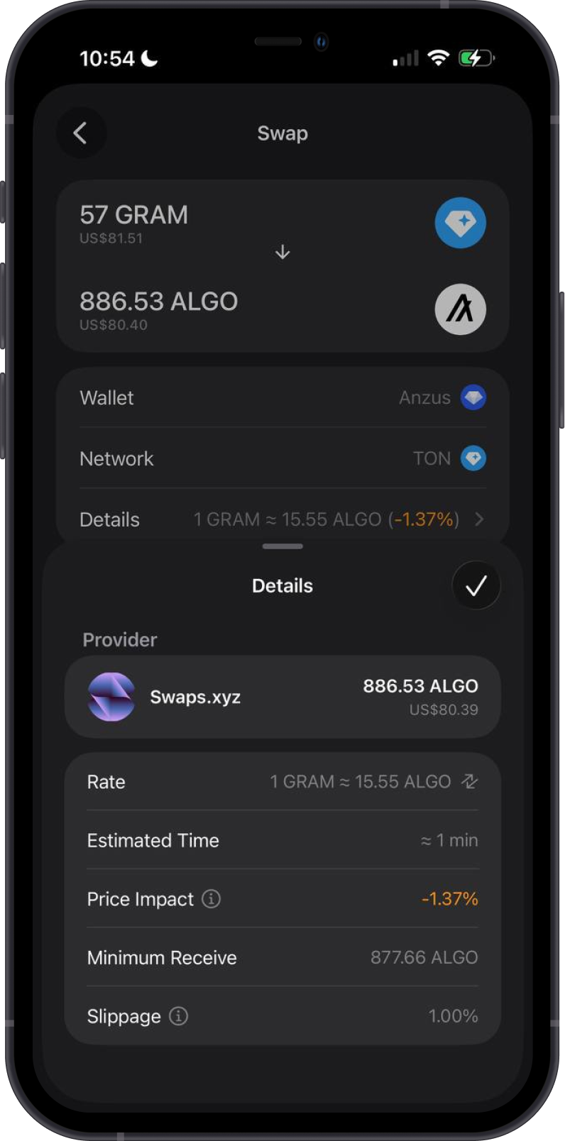 Cross-chain ALGO swap quote details