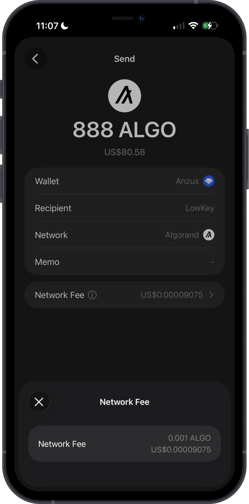 Review the ALGO network fee before sending