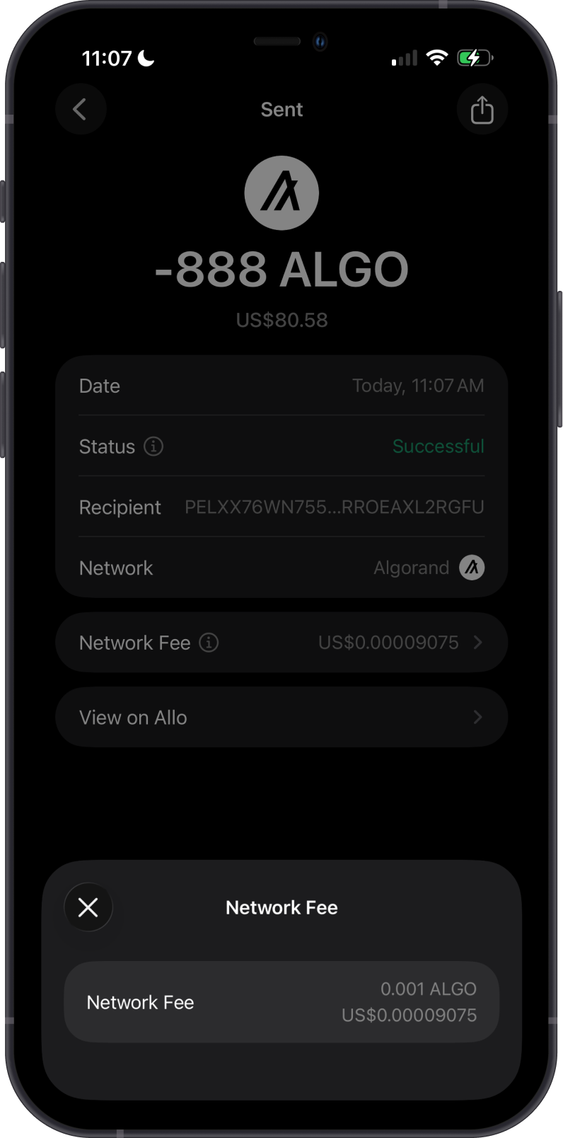 Sent ALGO transaction and network fee