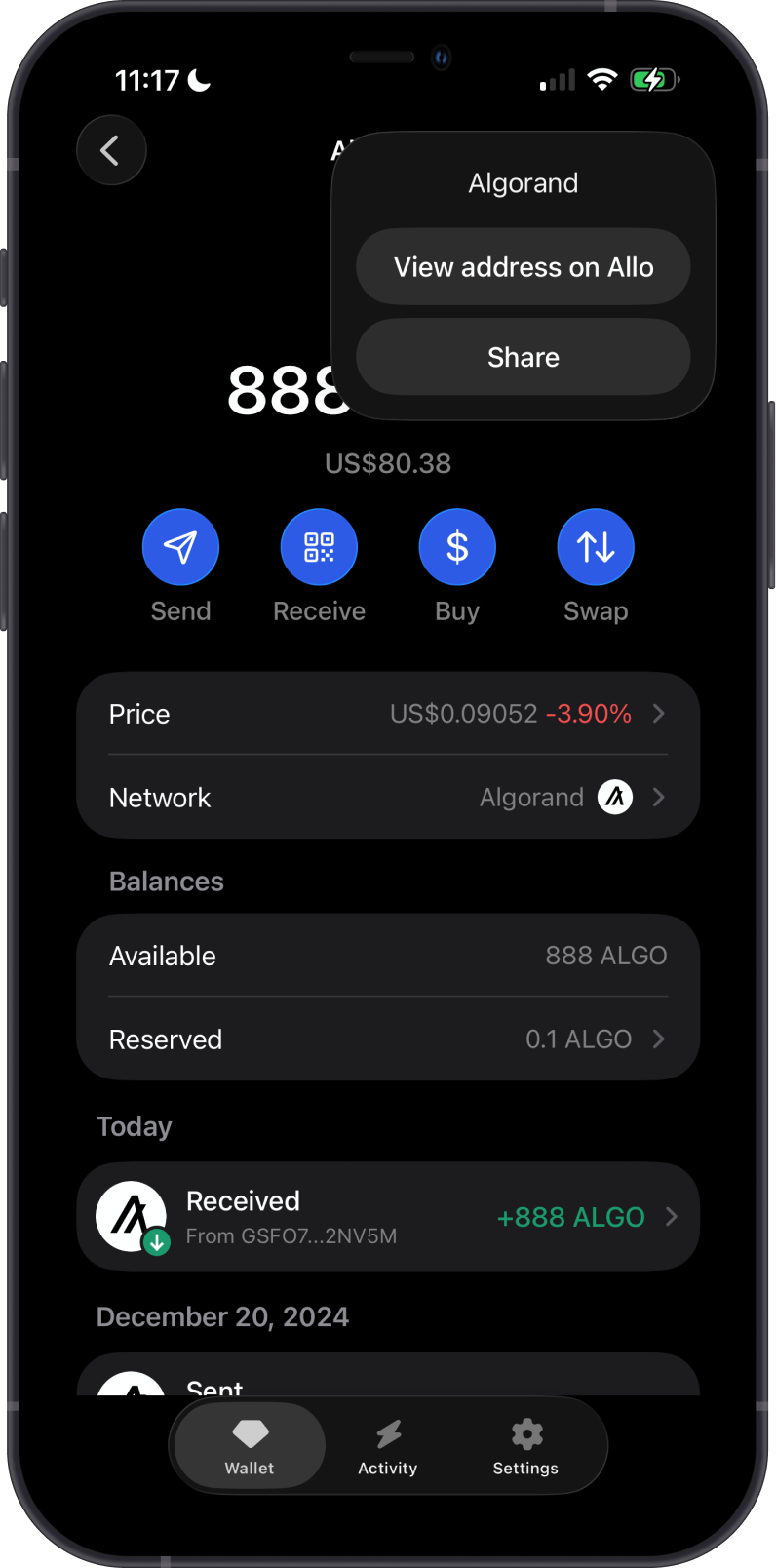 Open an Algorand address on Allo