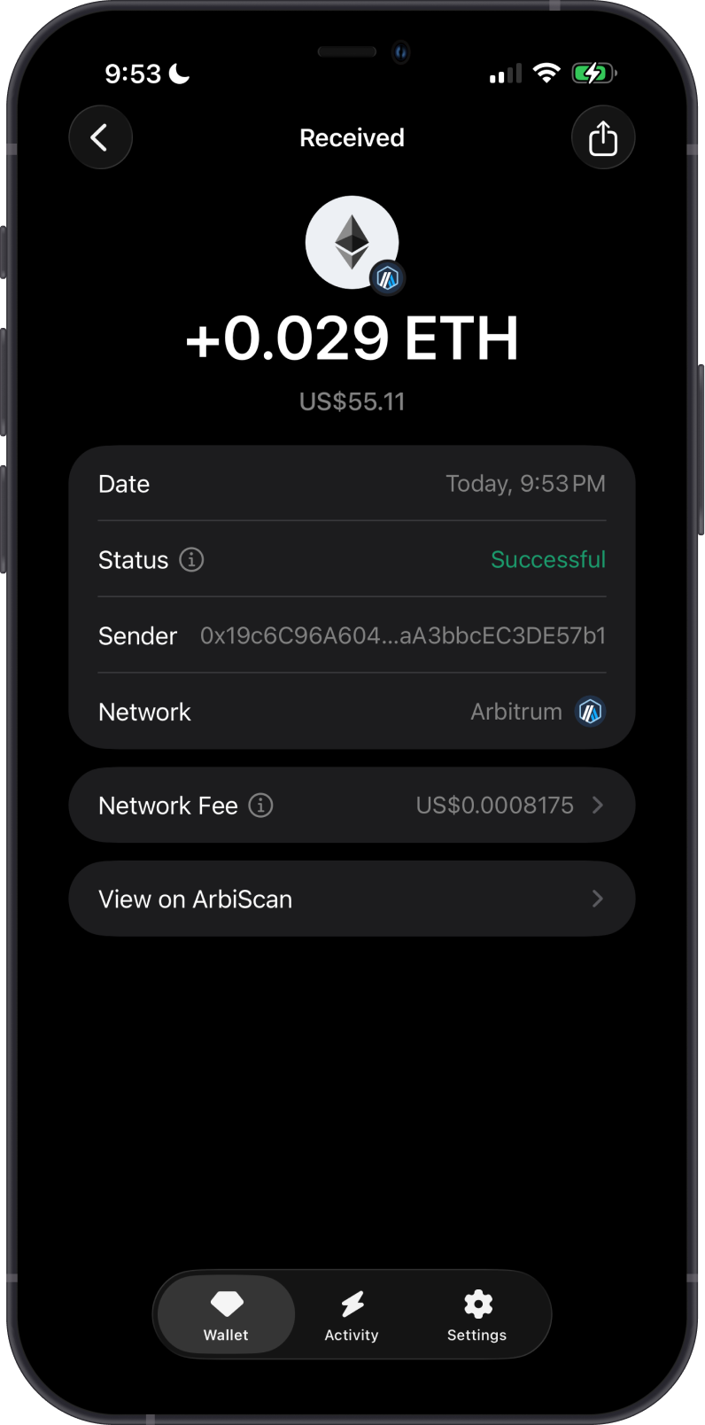 Received Arbitrum ETH Transaction on Gem Wallet