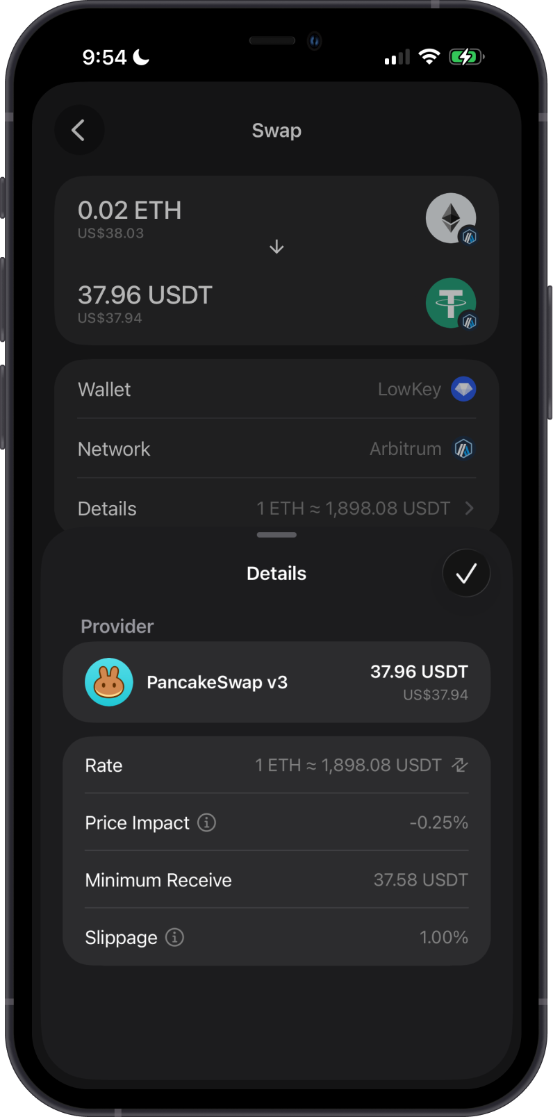 Arbitrum Token Swap Details on Gem Wallet