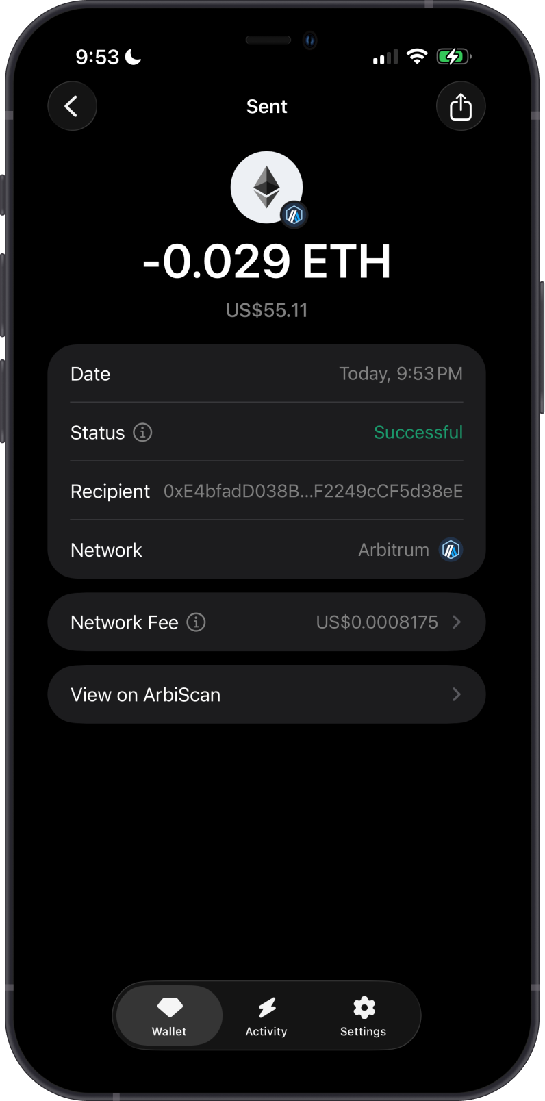 Sent Arbitrum ETH Transaction on Gem Wallet