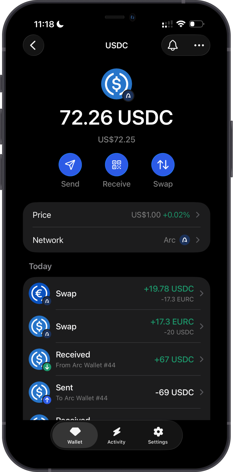 Arc USDC wallet in Gem Wallet