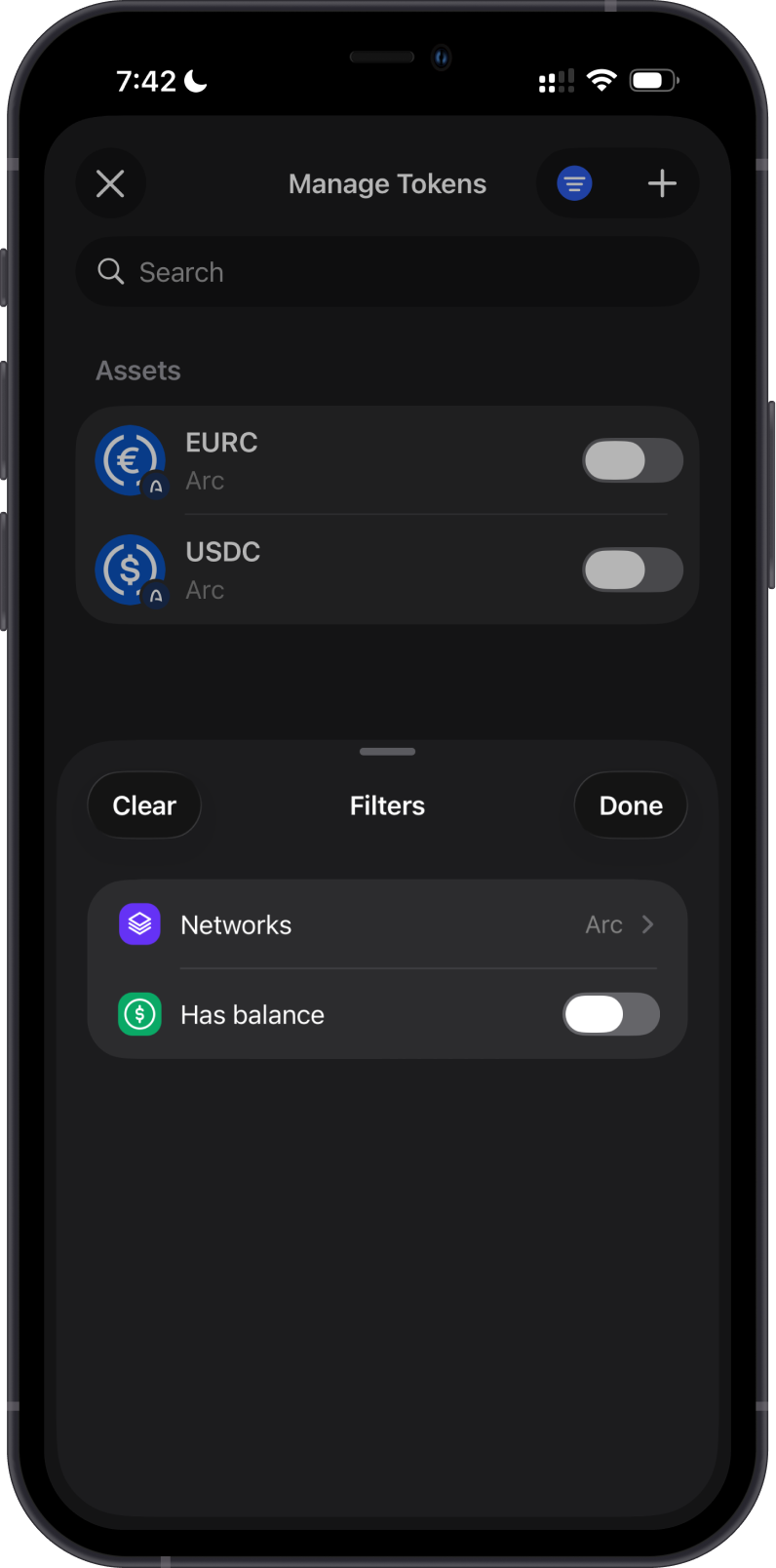 Filter Manage Tokens by the Arc network