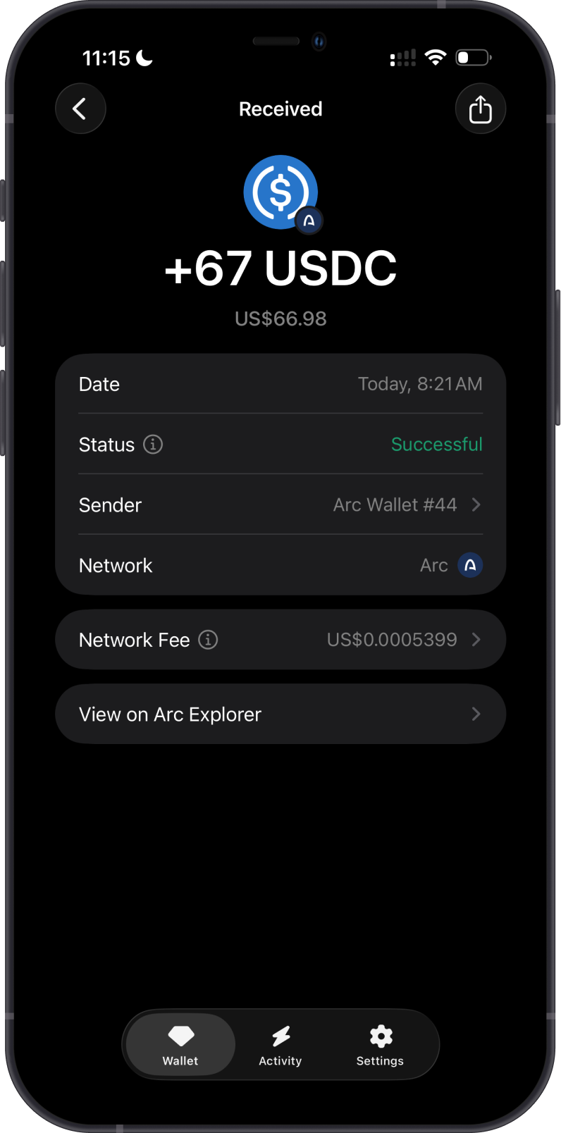 Received Arc USDC transaction