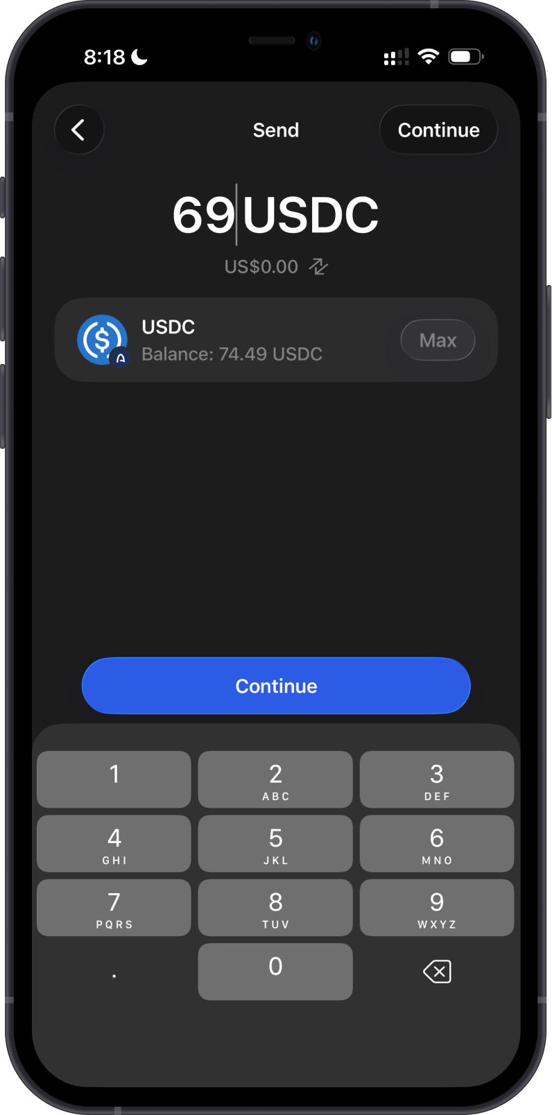 Enter the amount for an Arc USDC transfer