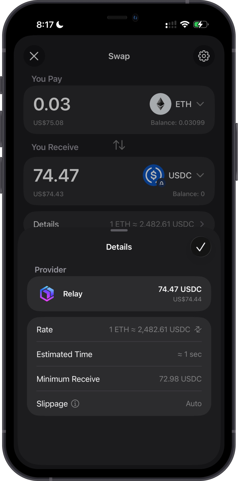 Cross-chain swap details for Arc USDC