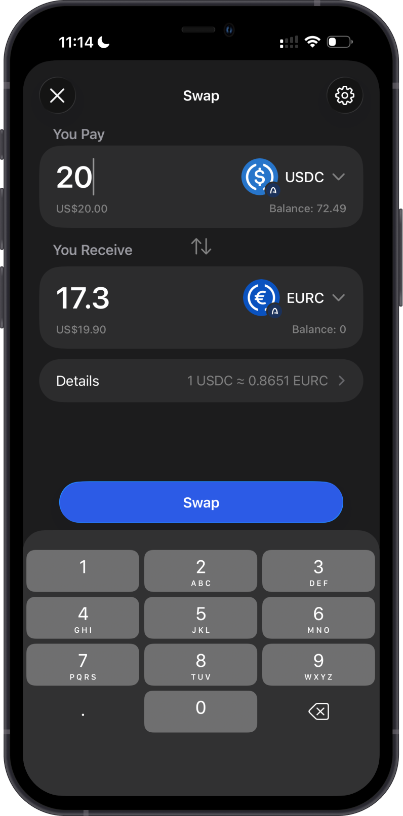 On-chain swap from Arc USDC to EURC