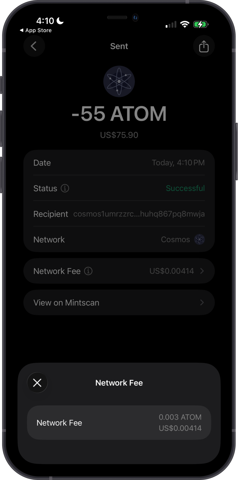 Sent Cosmos Transaction Fee Details