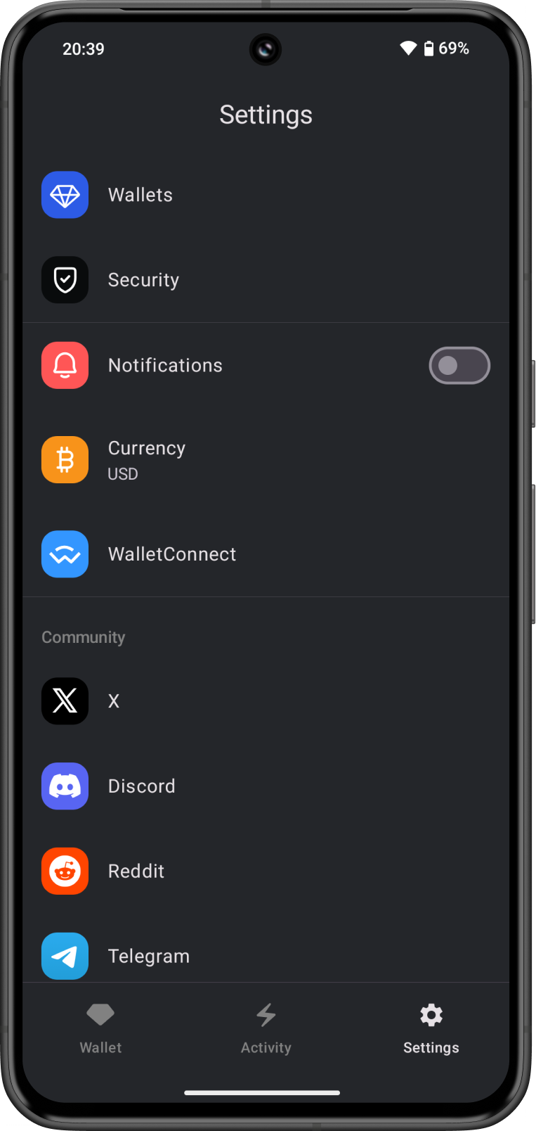 Gem Wallet Settings Screen