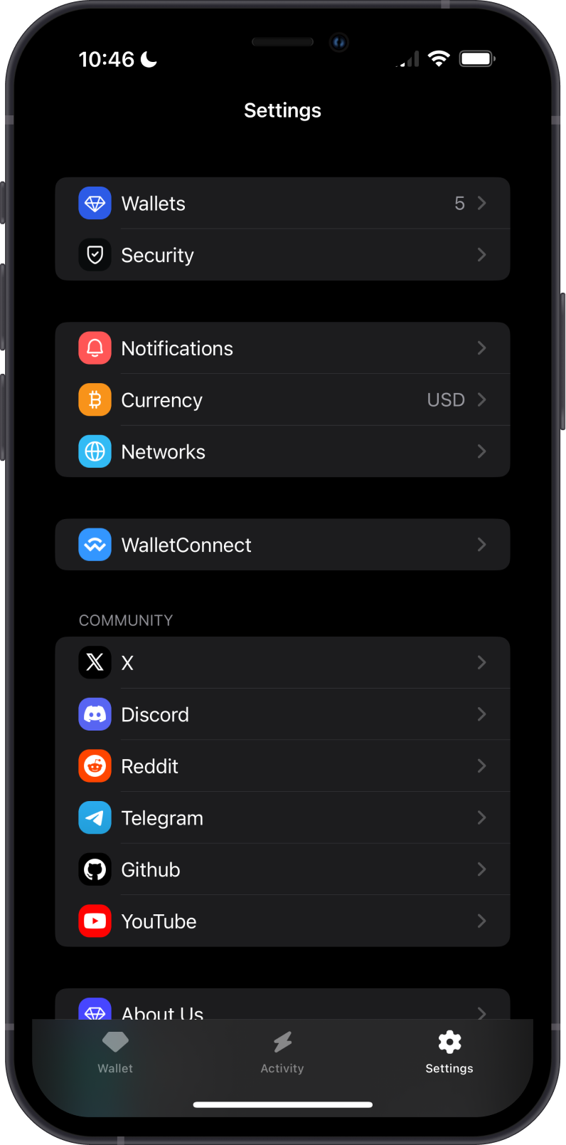 Gem Wallet Settings Screen