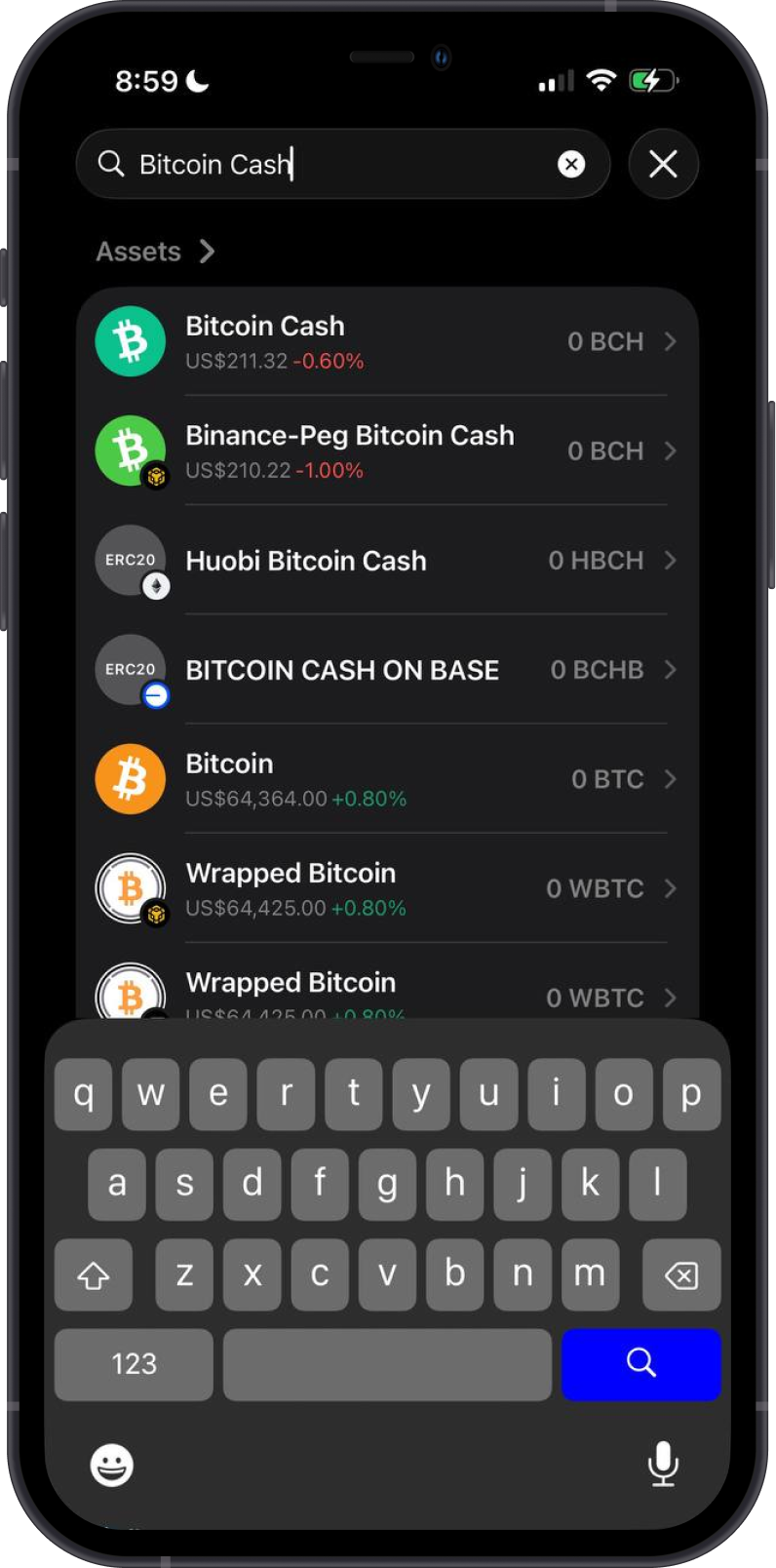 Search for Bitcoin Cash on Gem Wallet