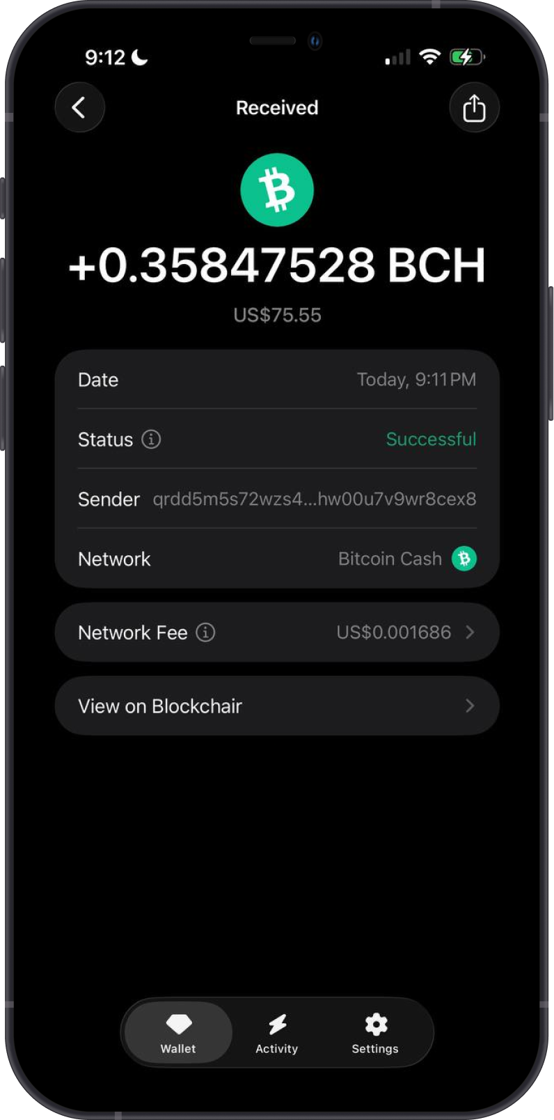 Received Bitcoin Cash Transaction