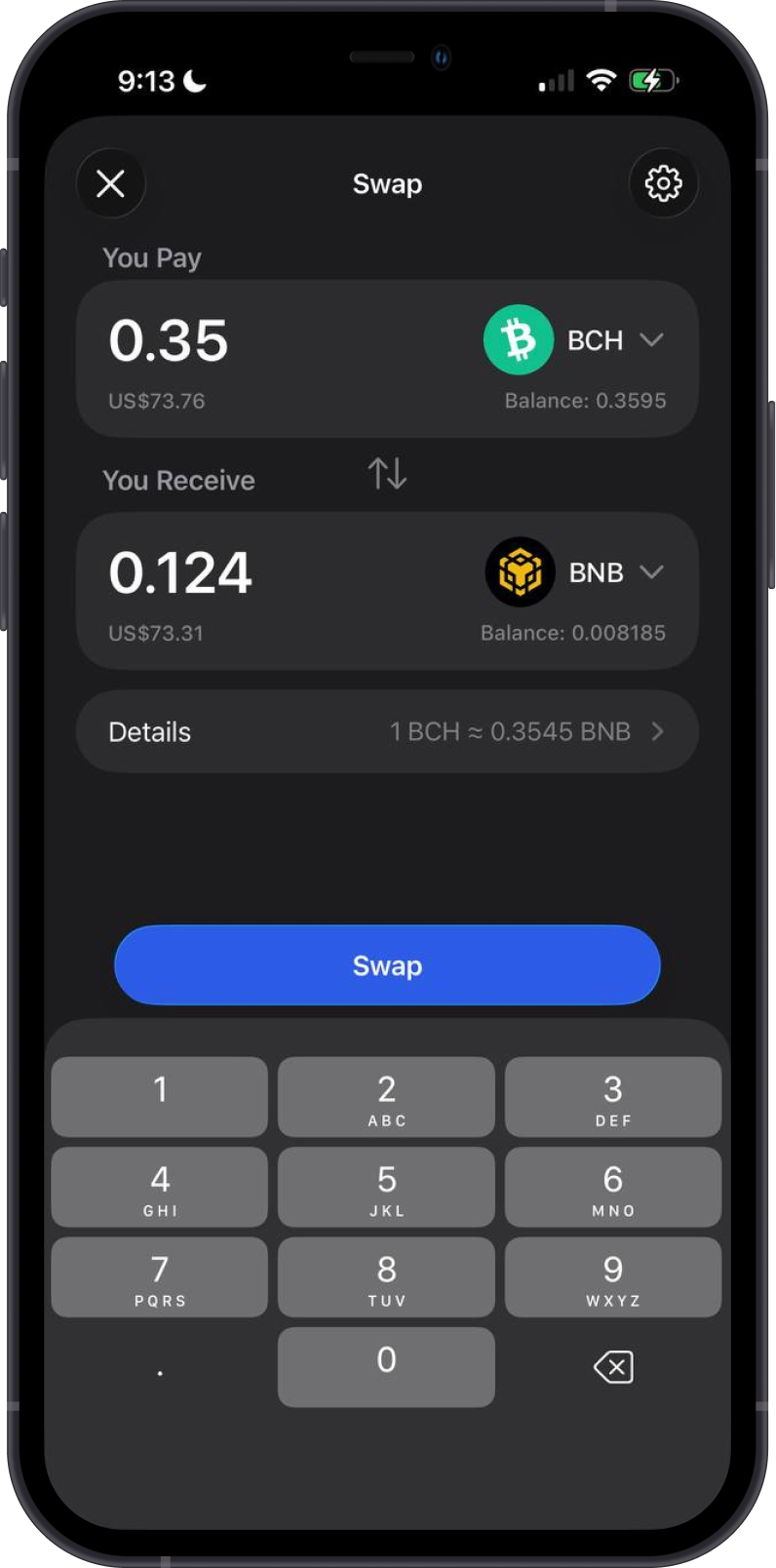 Enter Bitcoin Cash to BNB Swap Amount