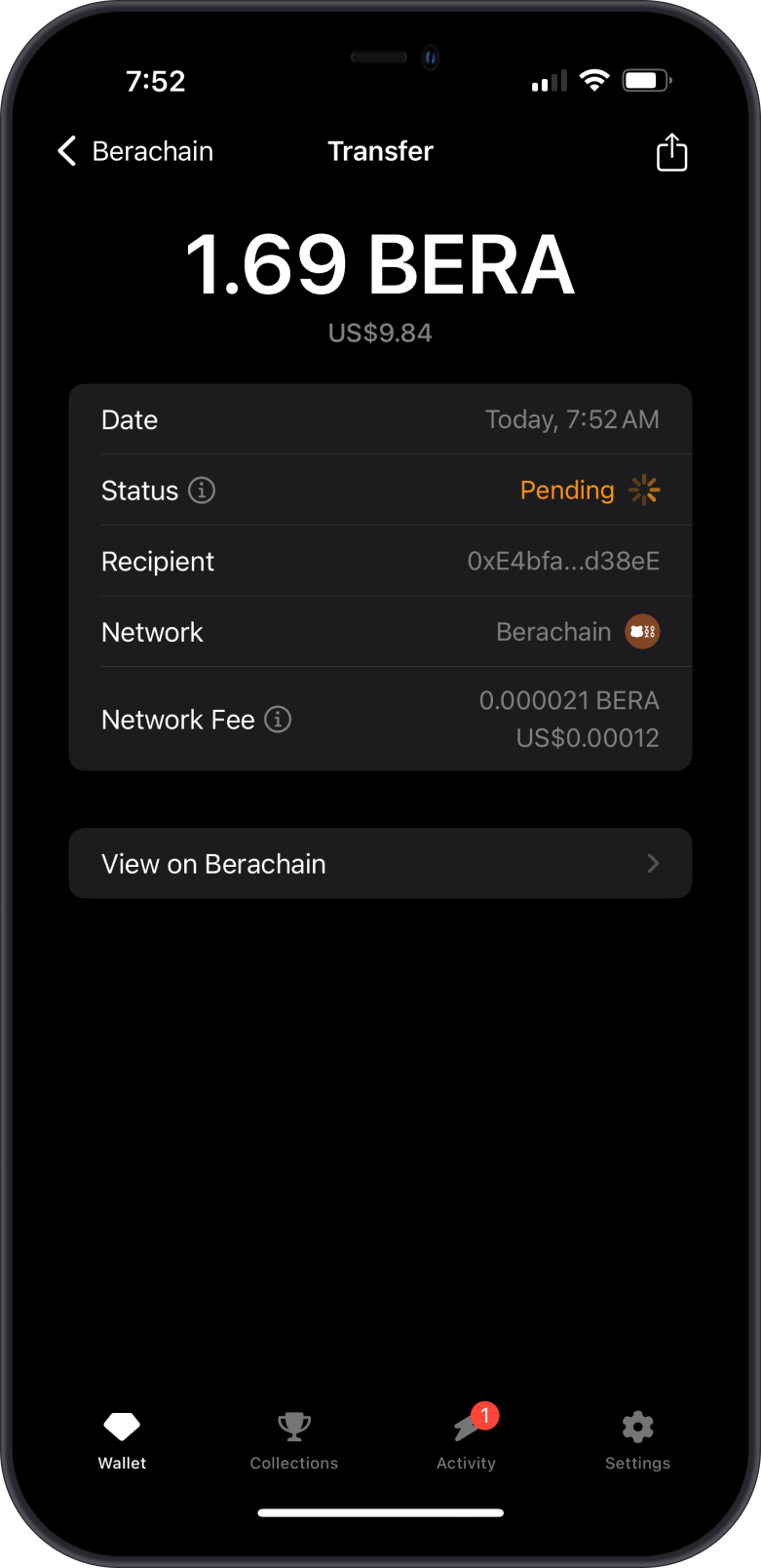 BERA Transaction Screen