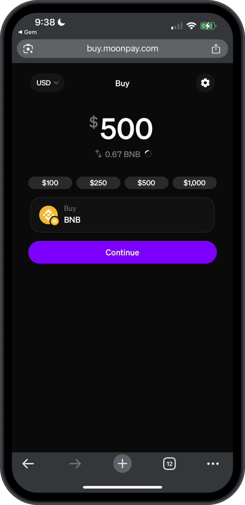 Buy BNB with MoonPay