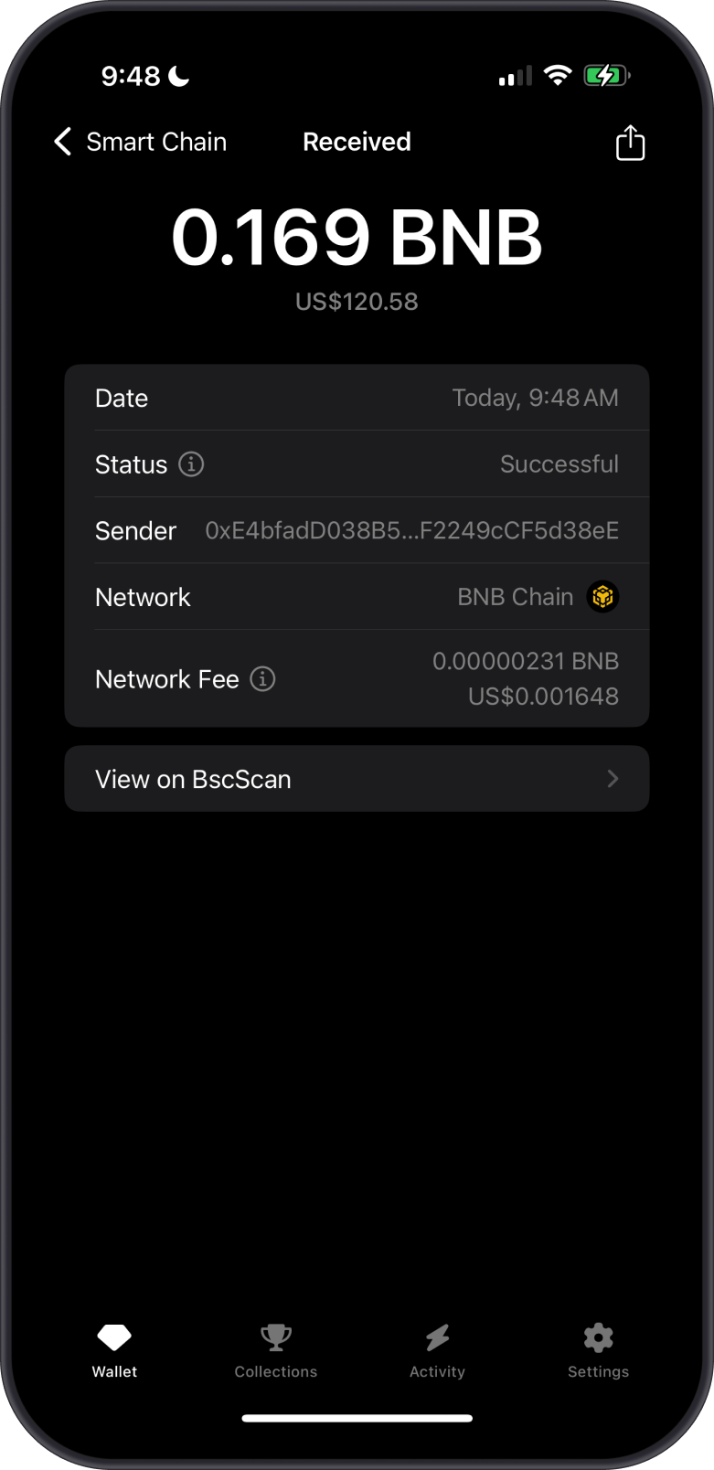 BNB Received on Gem Wallet