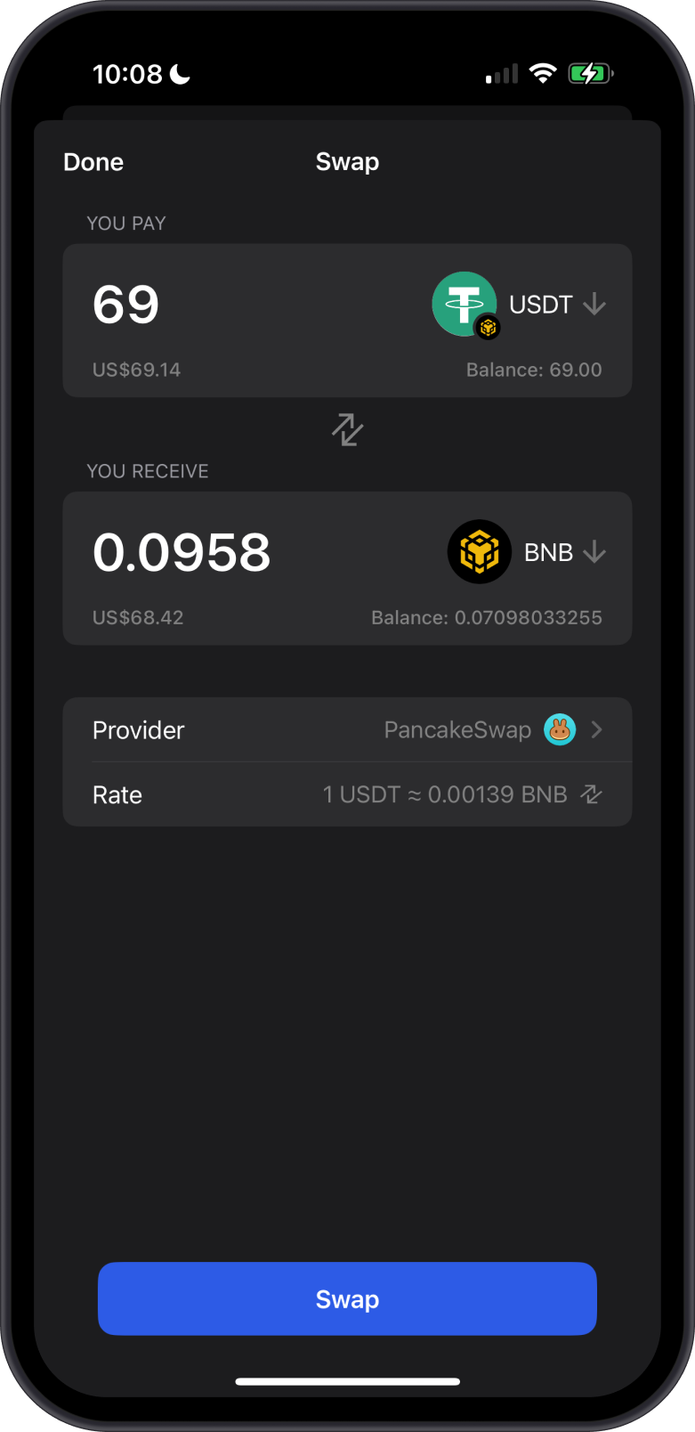 Swap USDT to BNB