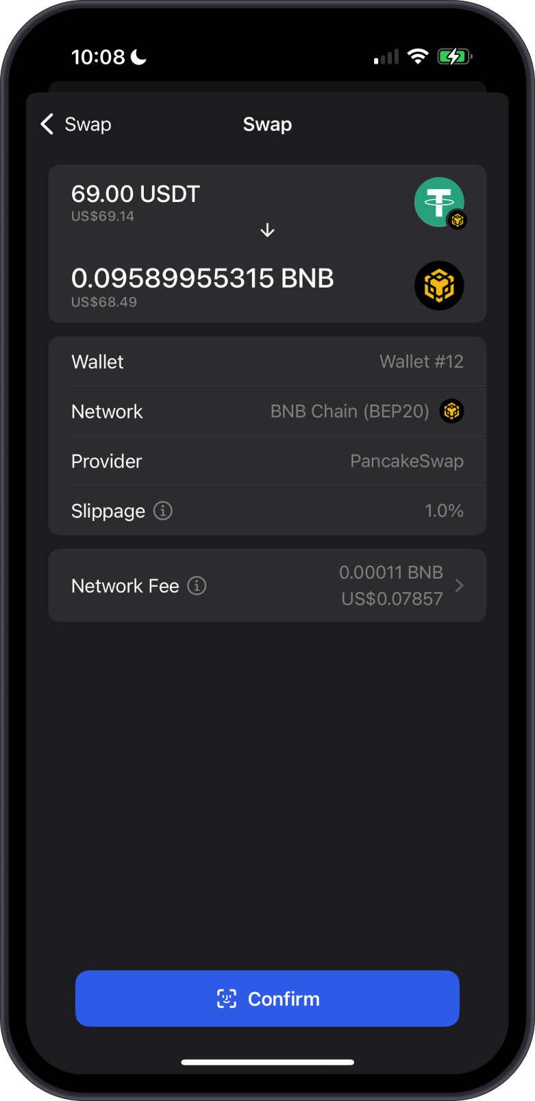 Swap USDT to BNB Confirm