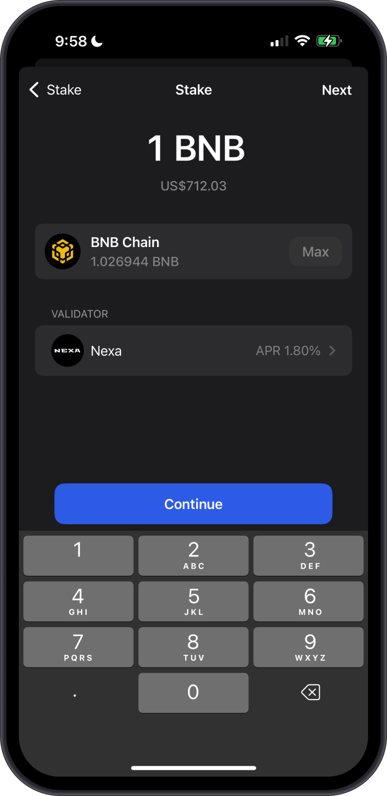 Stake 1 BNB on Gem Wallet