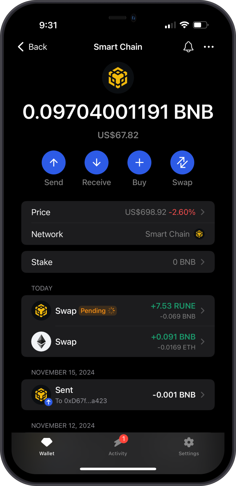 BNB to RUNE Pending Swap