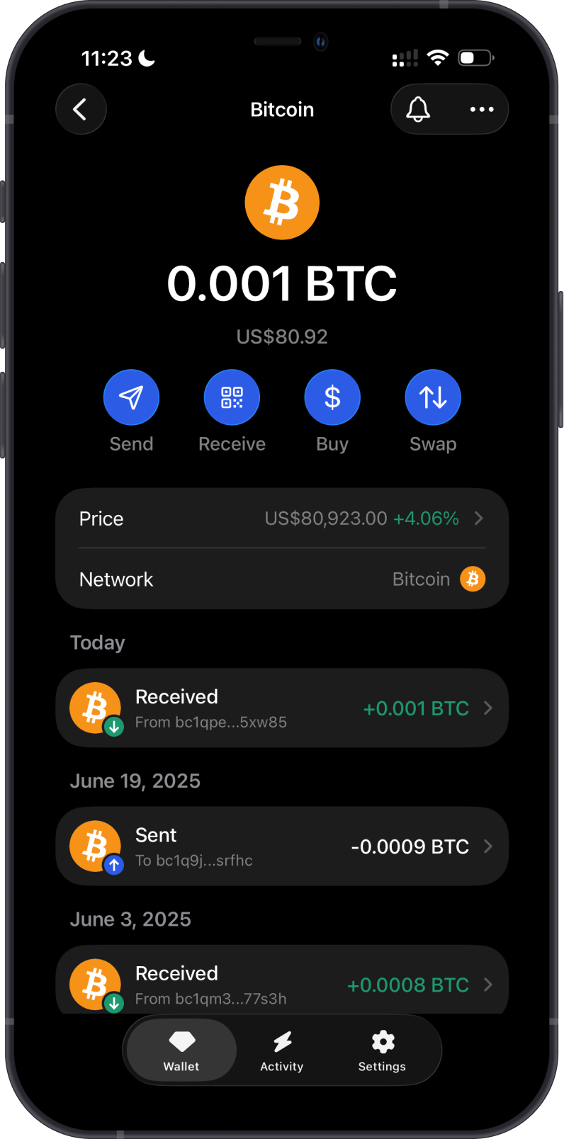 Bitcoin wallet in Gem Wallet