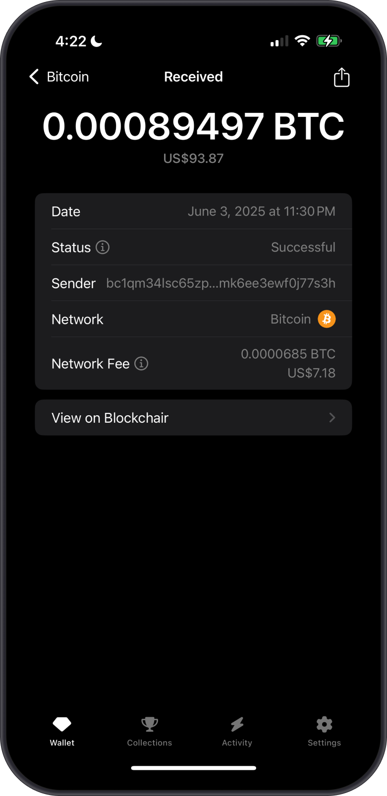 BTC Receive Transaction on Gem Wallet