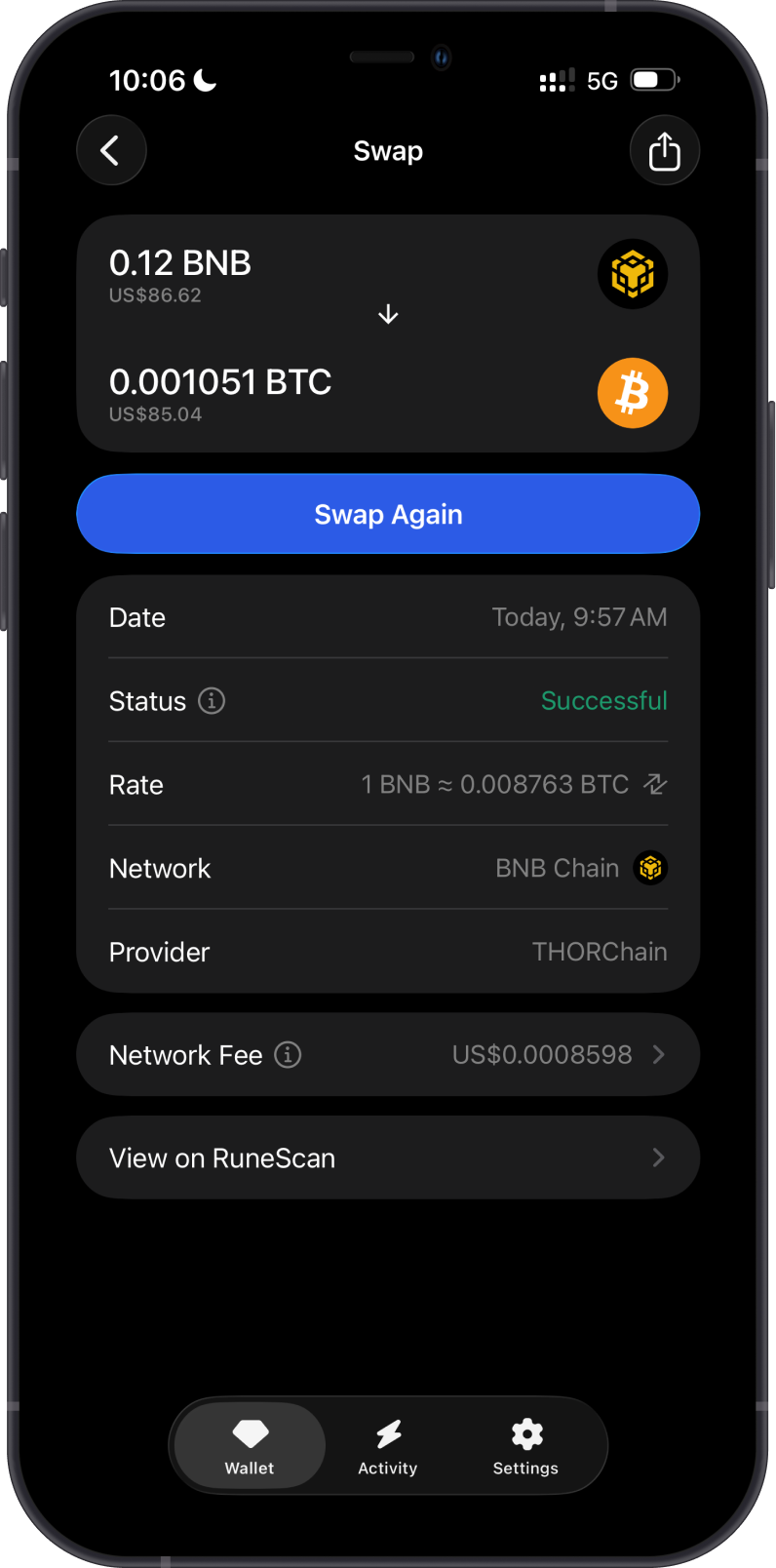 Completed BNB-to-BTC swap