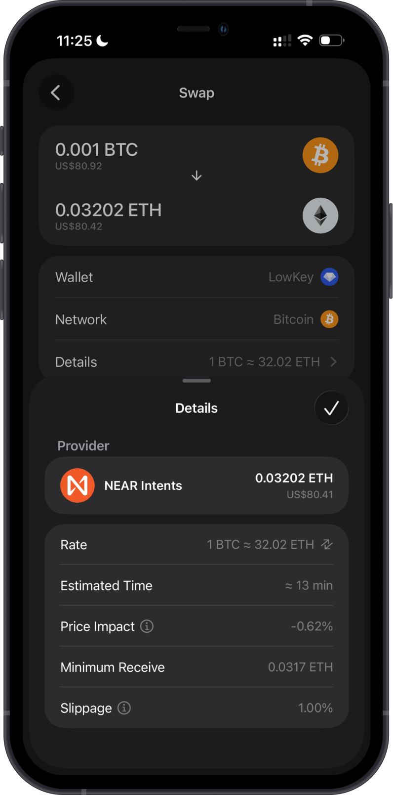 BTC-to-ETH swap quote details