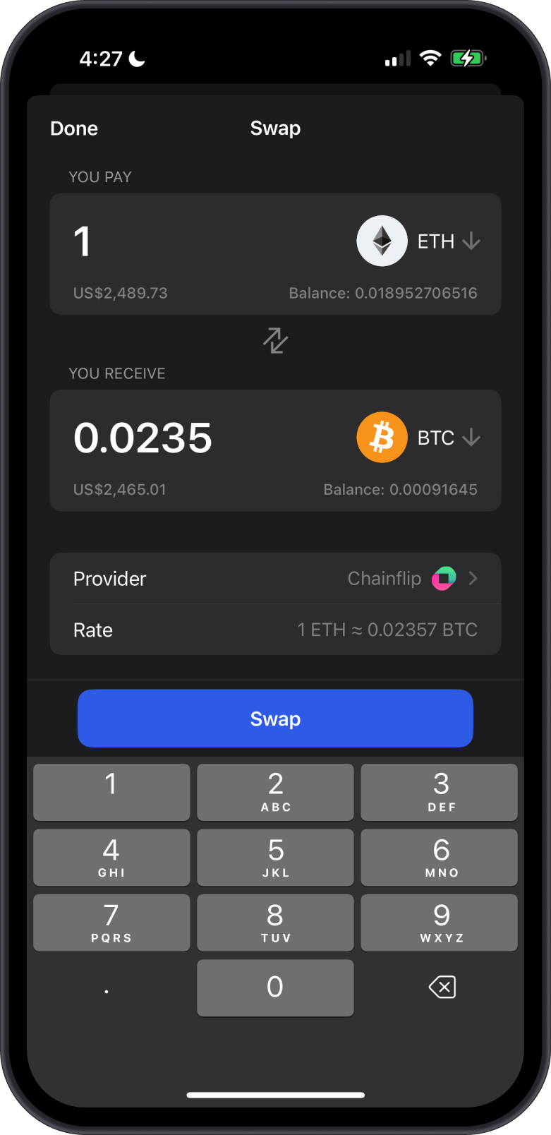BTC Receive Transaction on Gem Wallet
