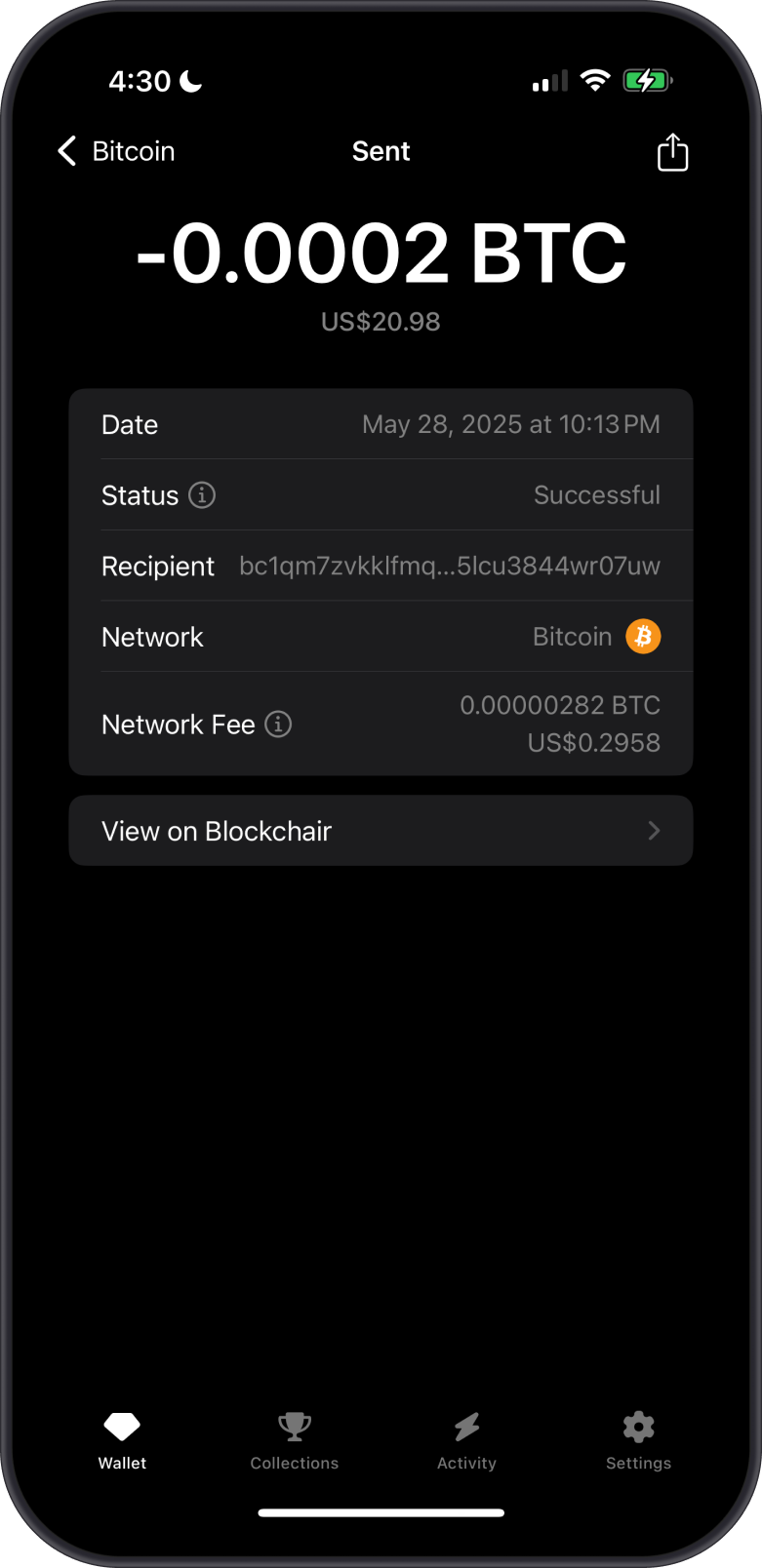 Sent Bitcoin Transaction on Gem Wallet