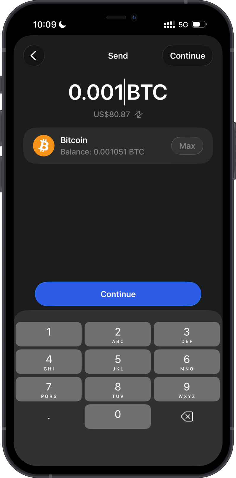Continue with the Bitcoin Amount
