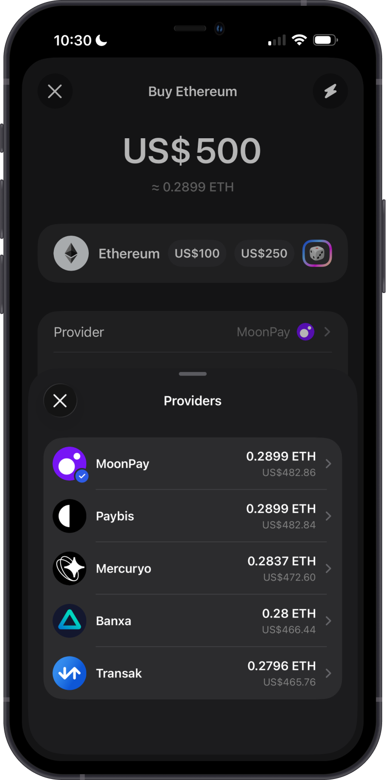 Buy ETH Providers on Gem Wallet