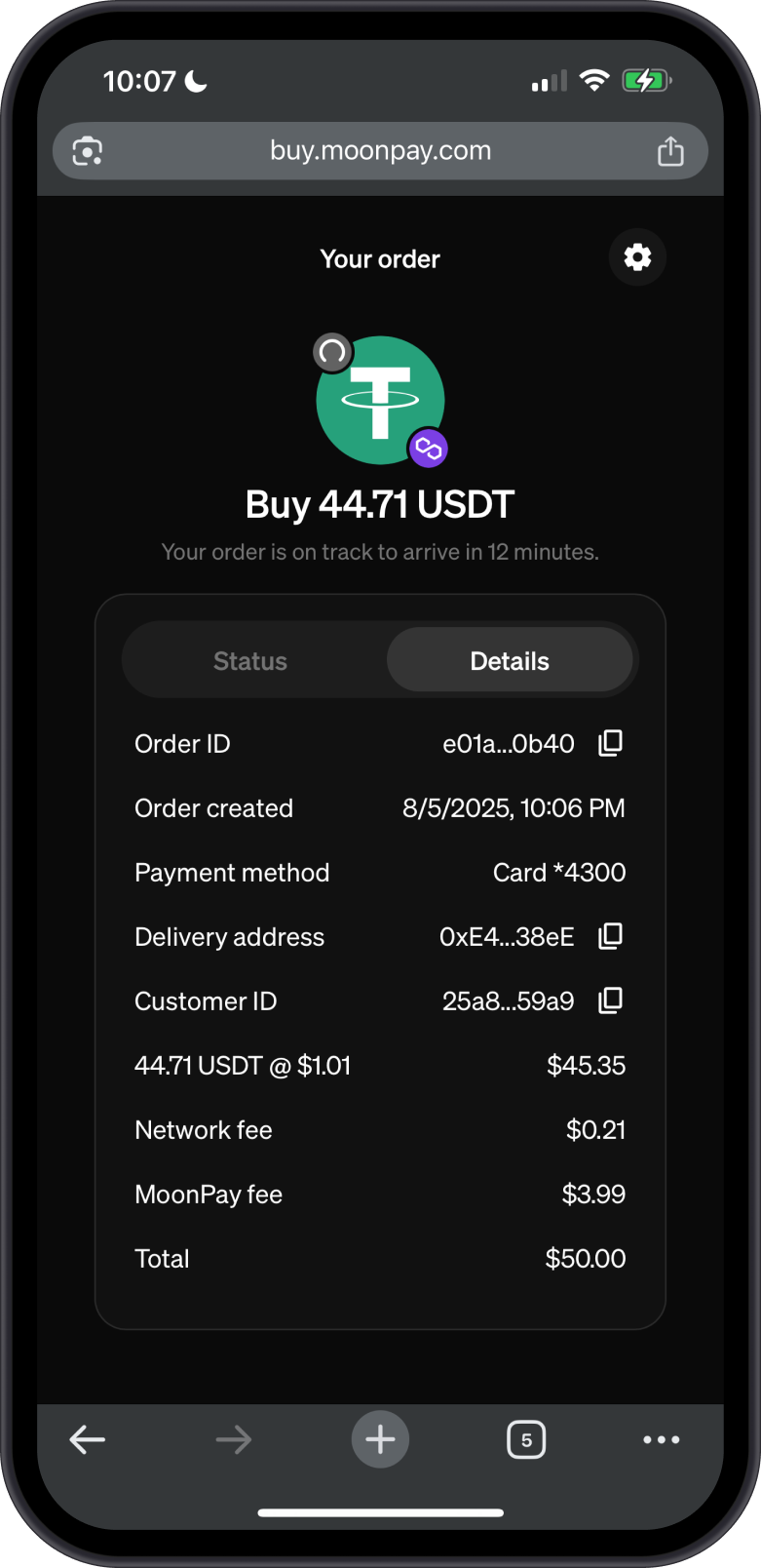 Crypto Purchase Received
