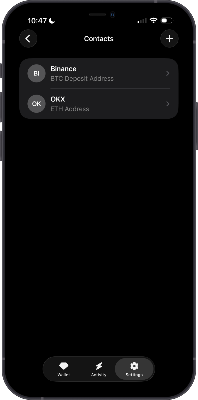 Contacts list in Gem Wallet
