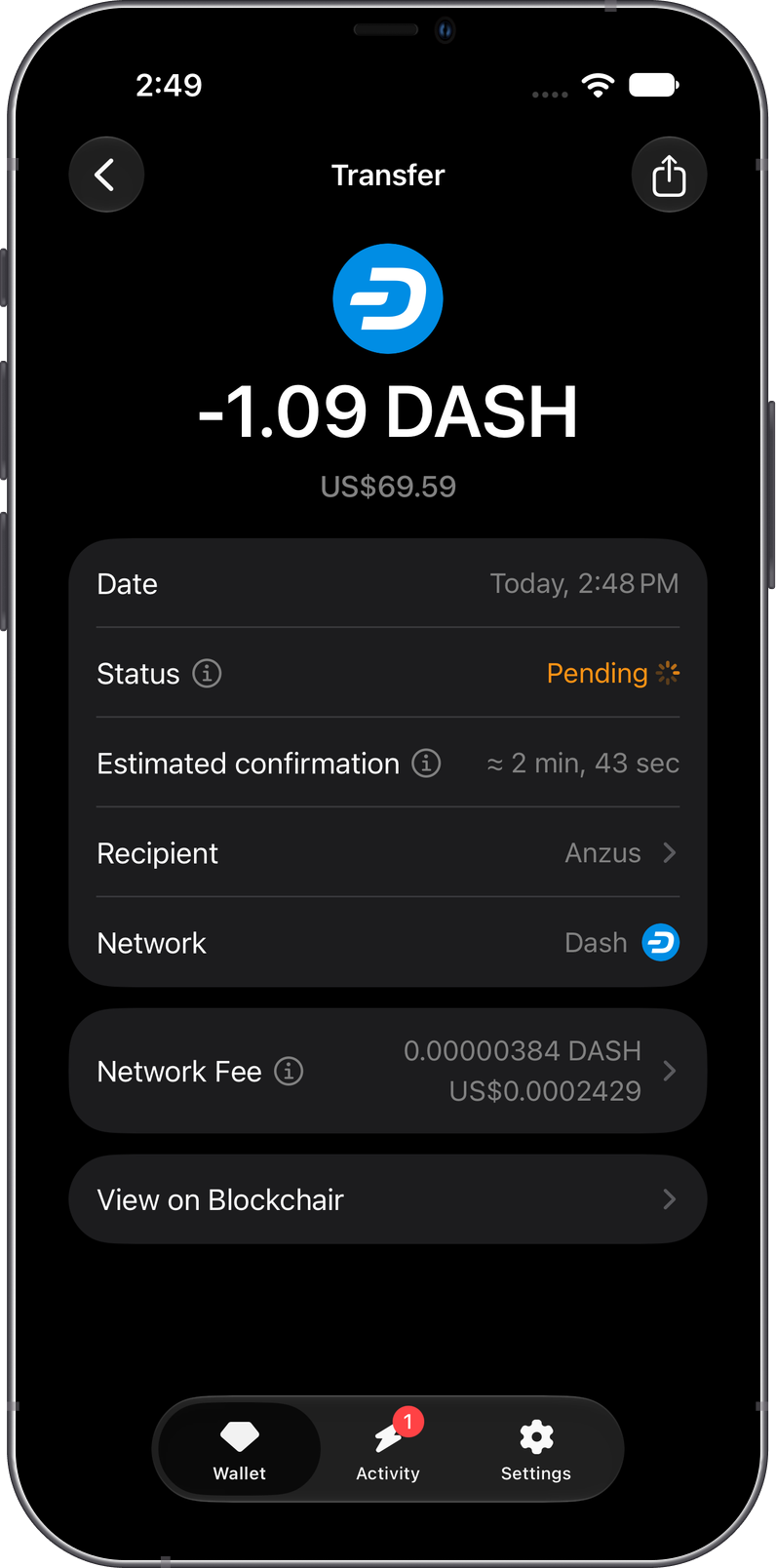 Dash transfer details in Gem Wallet