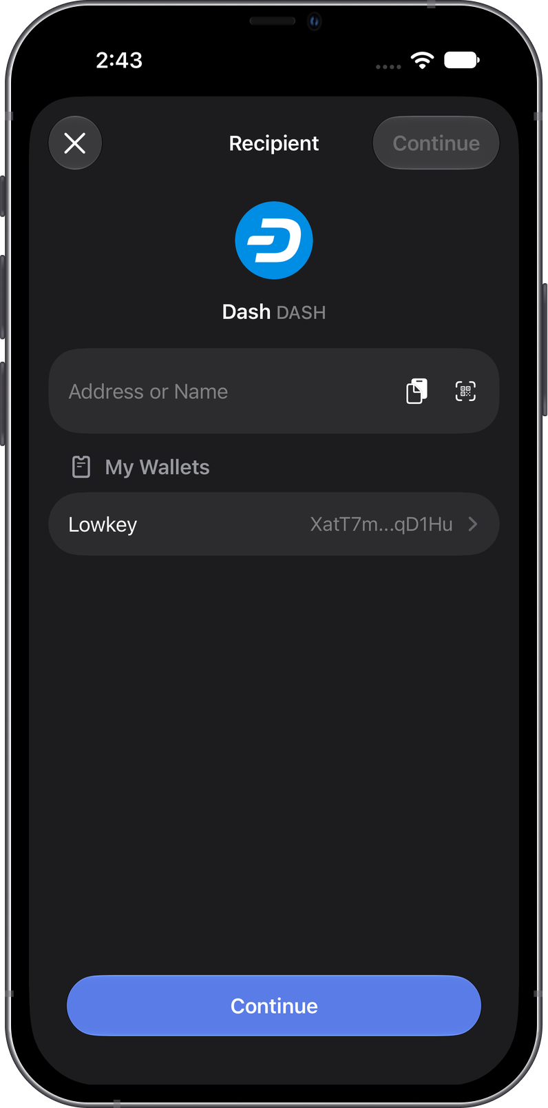 Enter a Dash recipient