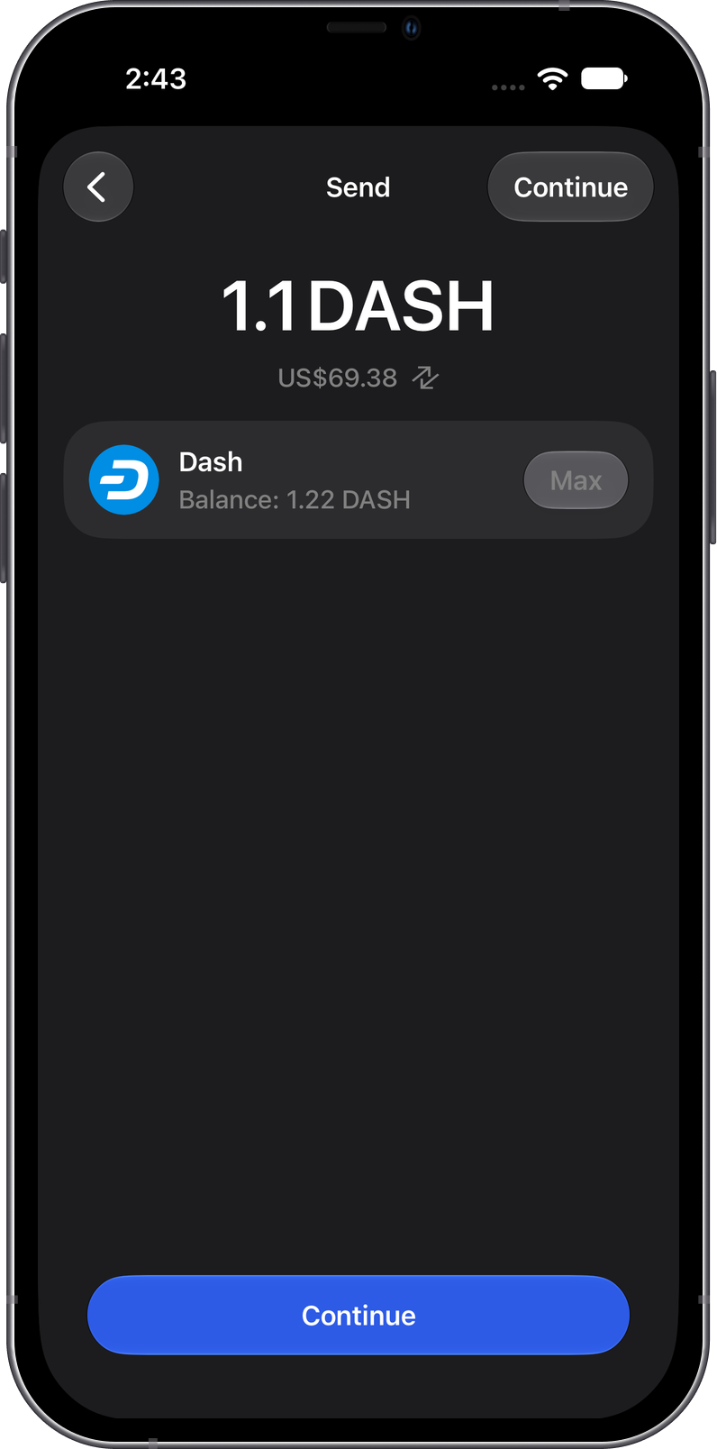 Enter the Dash amount to send