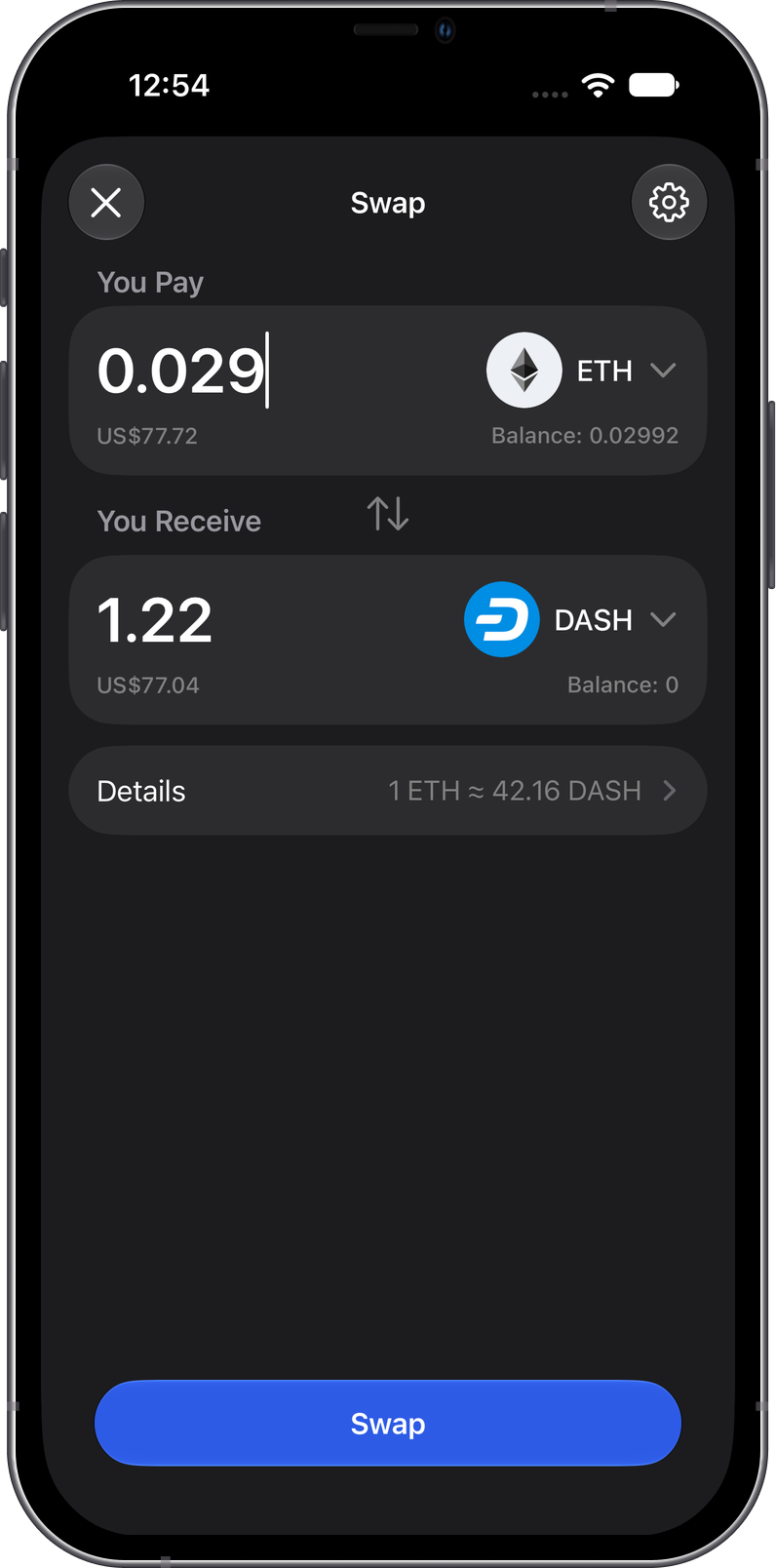 Swap ETH on Ethereum to DASH
